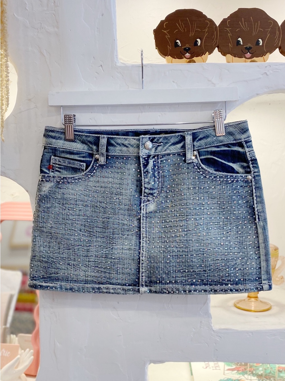 Y2K Acid Wash Denim Mini Skirt with Silver Sequin Detail Adjustable Waist